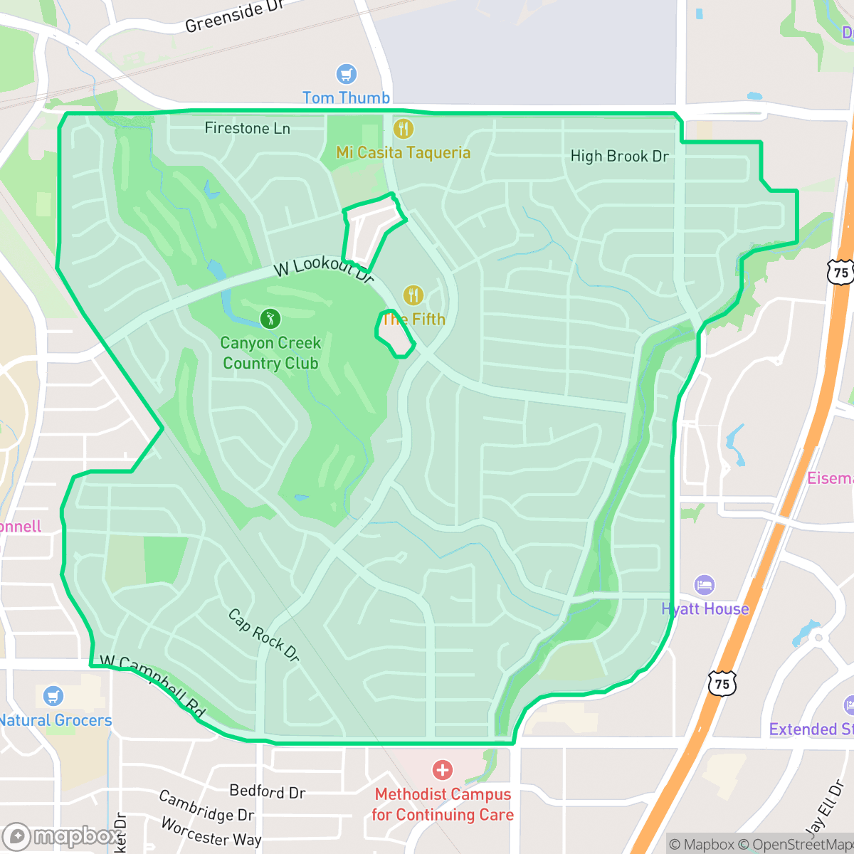 Map showing the location of Canyon Creek, Richardson, TX