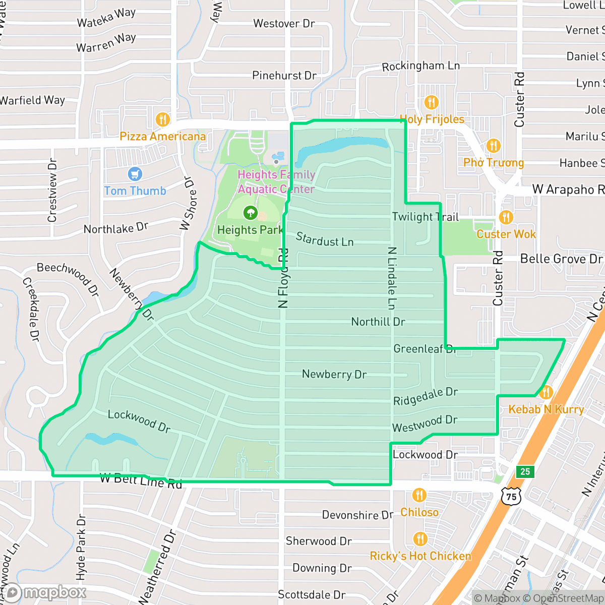 Map showing the location of Heights Park, Richardson, TX