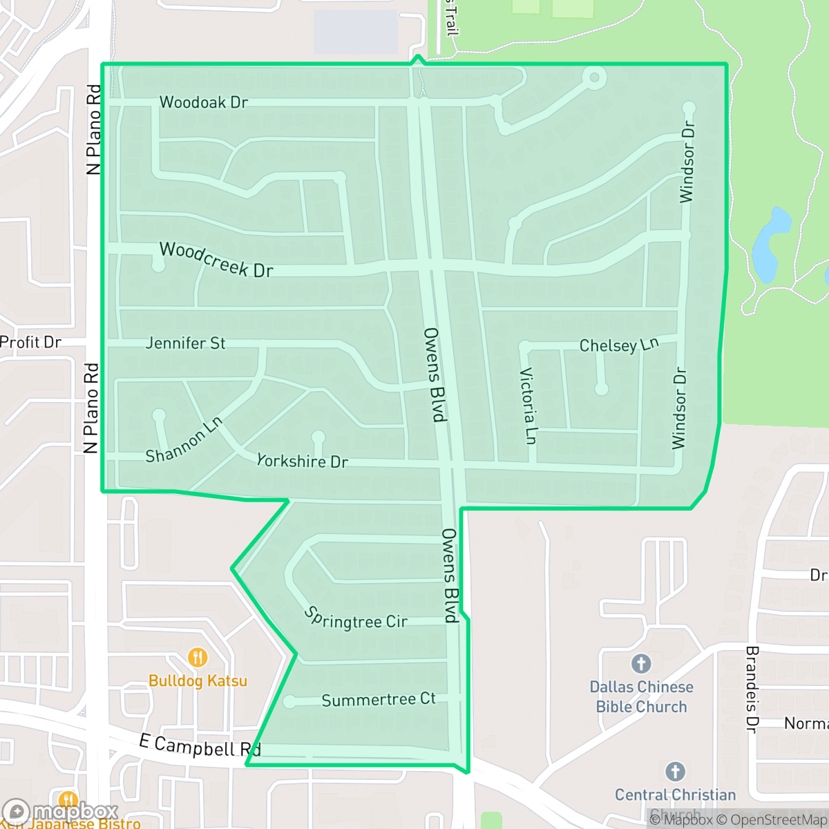 Map showing the location of Owens Park, Richardson, TX