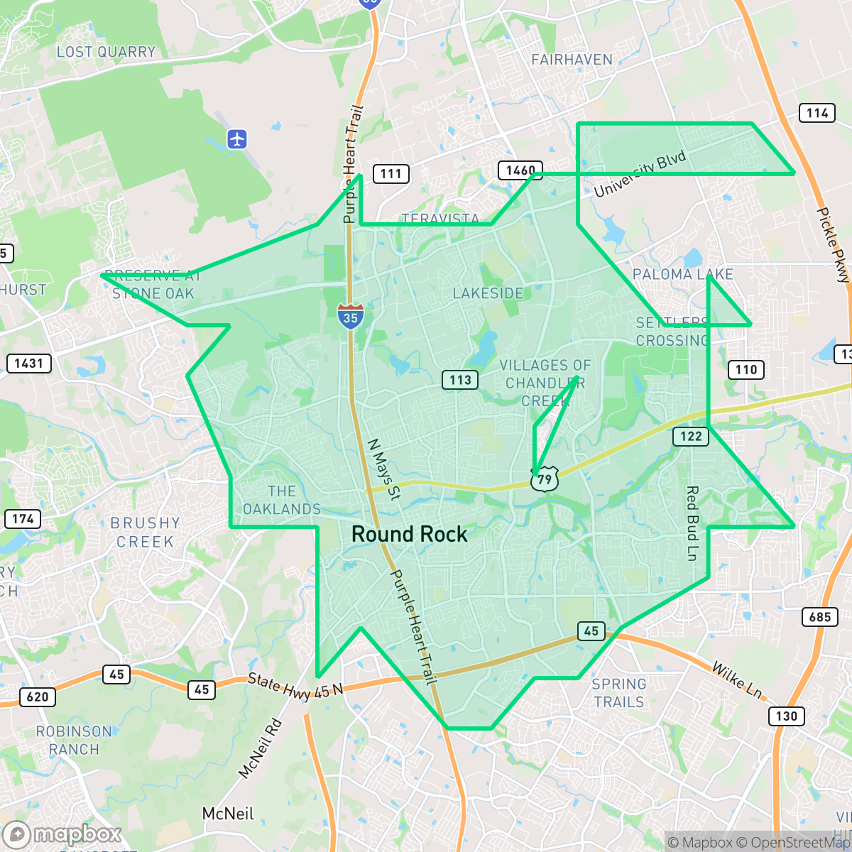 Map showing the location of Round Rock, TX — coverage area