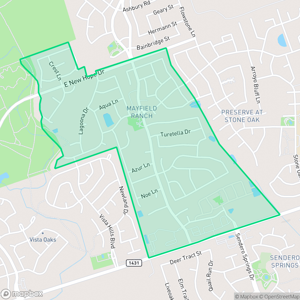 Map showing the location of Mayfield Ranch Enclave, Round Rock, TX