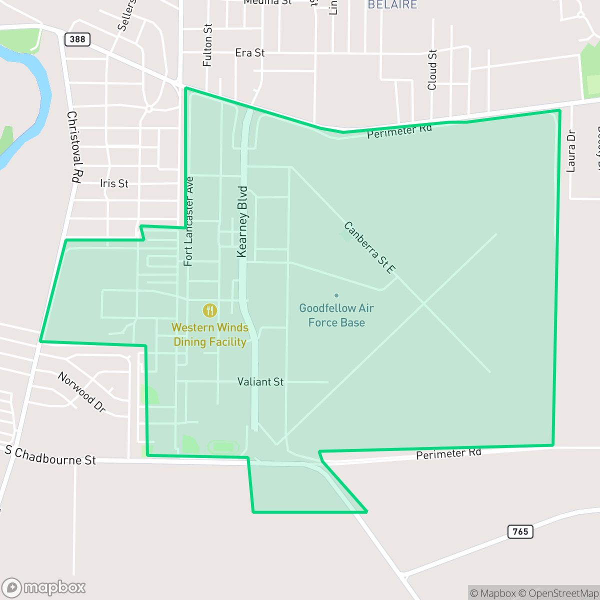 Map showing the location of Goodfellow Air Force Base, San Angelo, TX