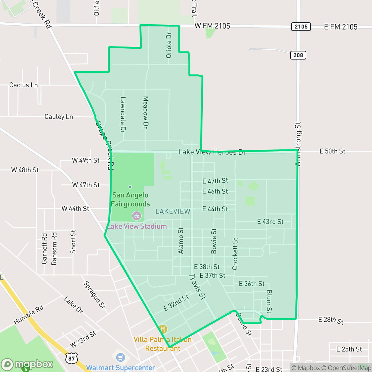 Map showing the location of Lake View, San Angelo, TX