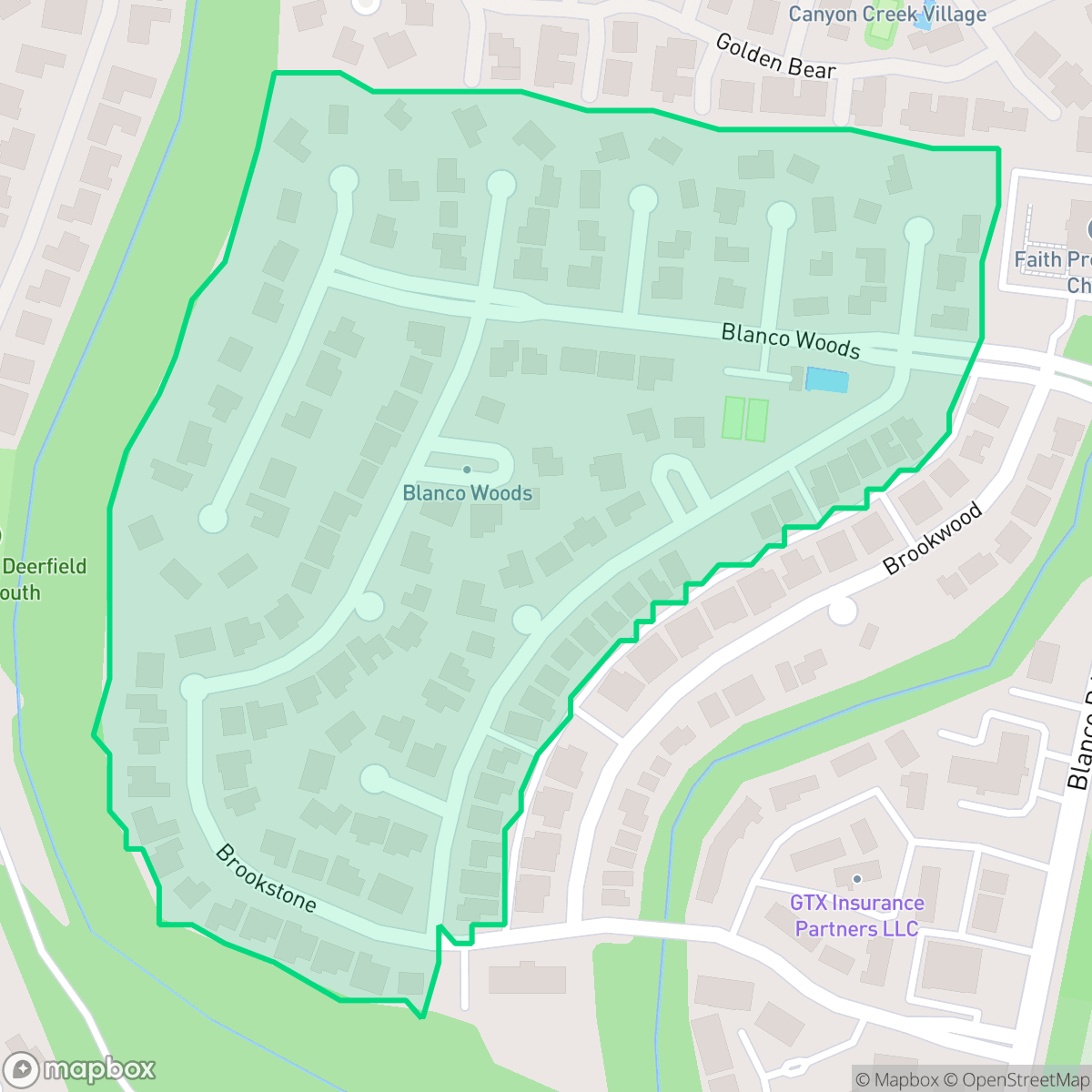 Map showing the location of Blanco Woods, San Antonio, TX