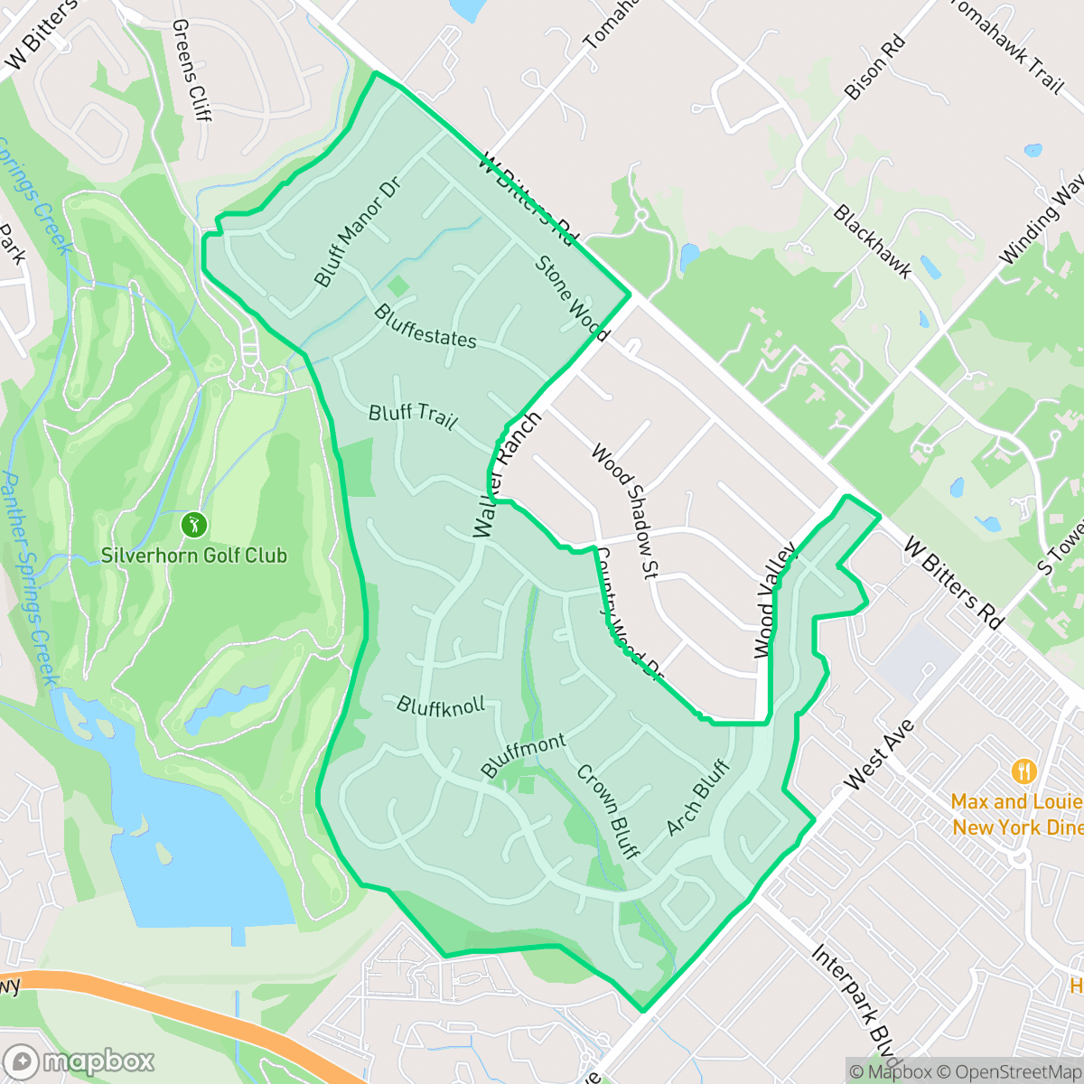 Map showing the location of Bluffview at Camino Real, San Antonio, TX