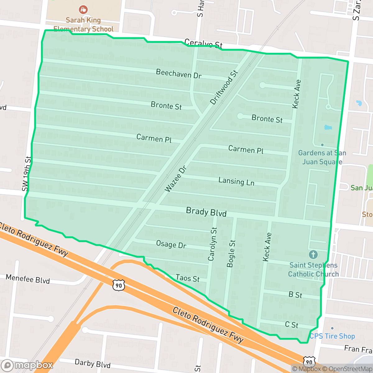 Map showing the location of Brady Gardens, San Antonio, TX
