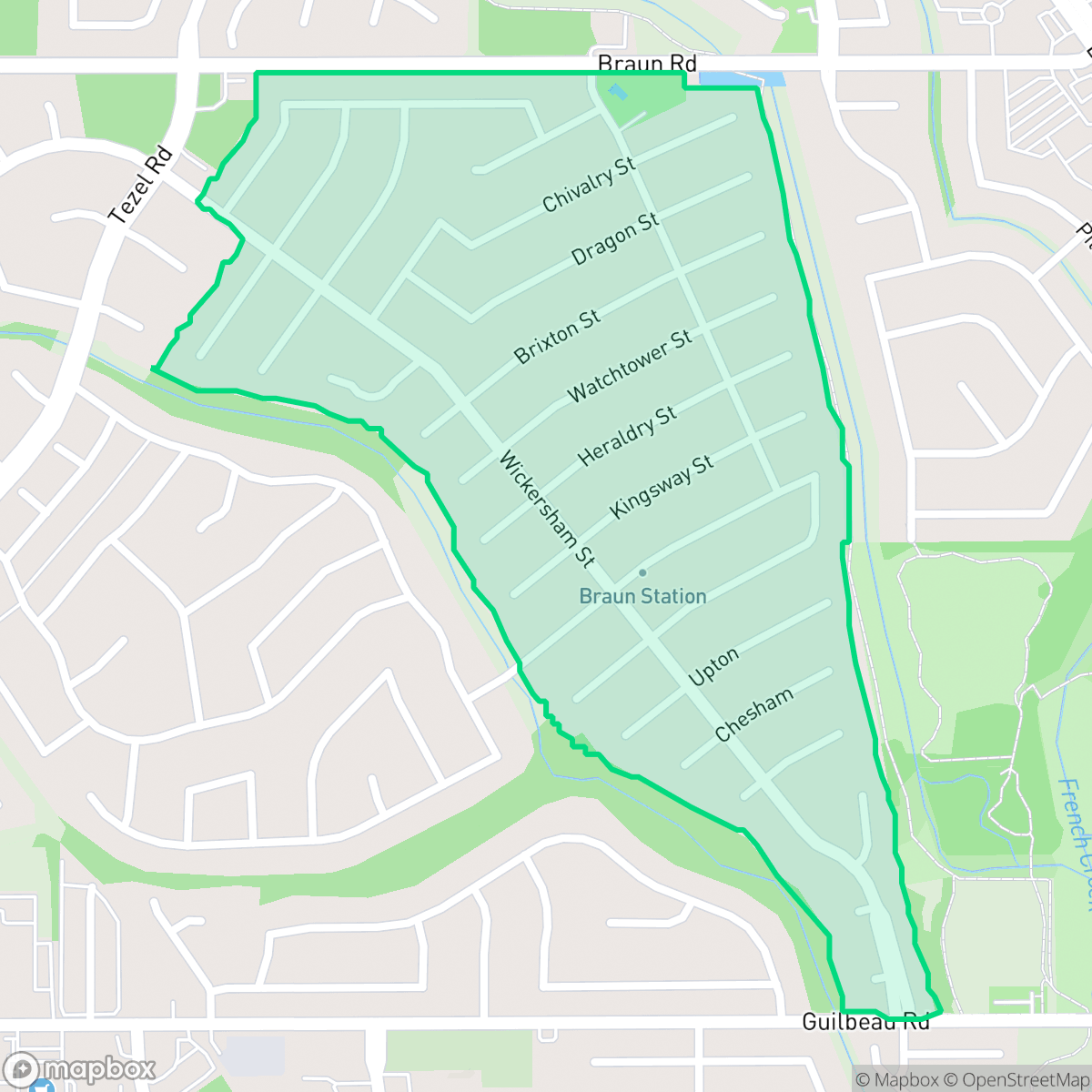 Map showing the location of Braun Station East, San Antonio, TX
