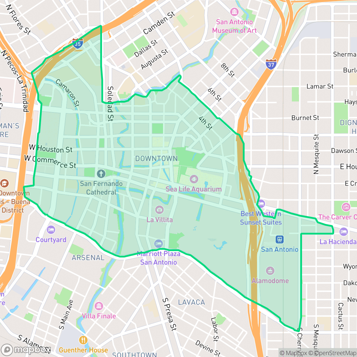 Map showing the location of Downtown, San Antonio, TX