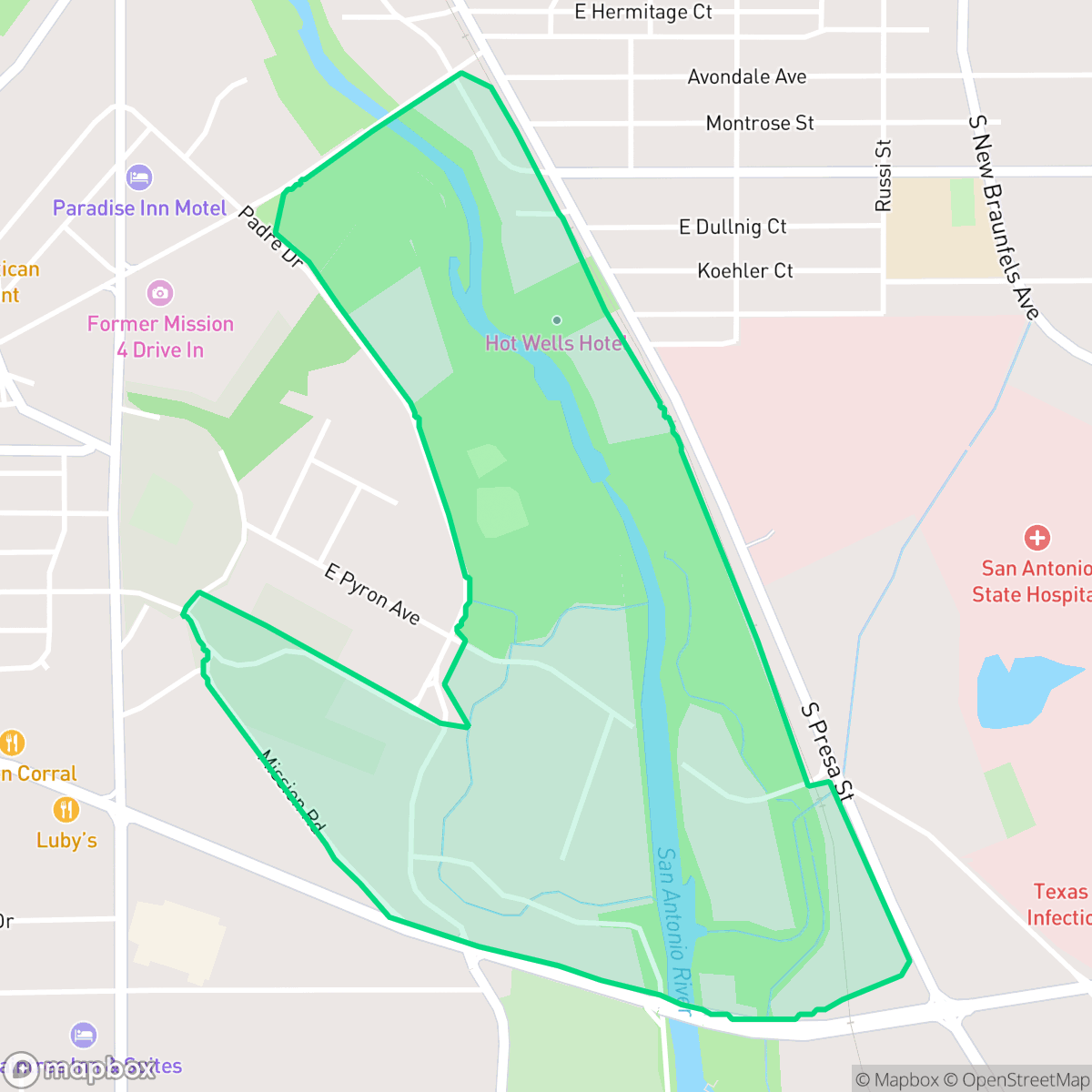 Map showing the location of East Pyron - Symphony Lane-Mission San Jose, San Antonio, TX