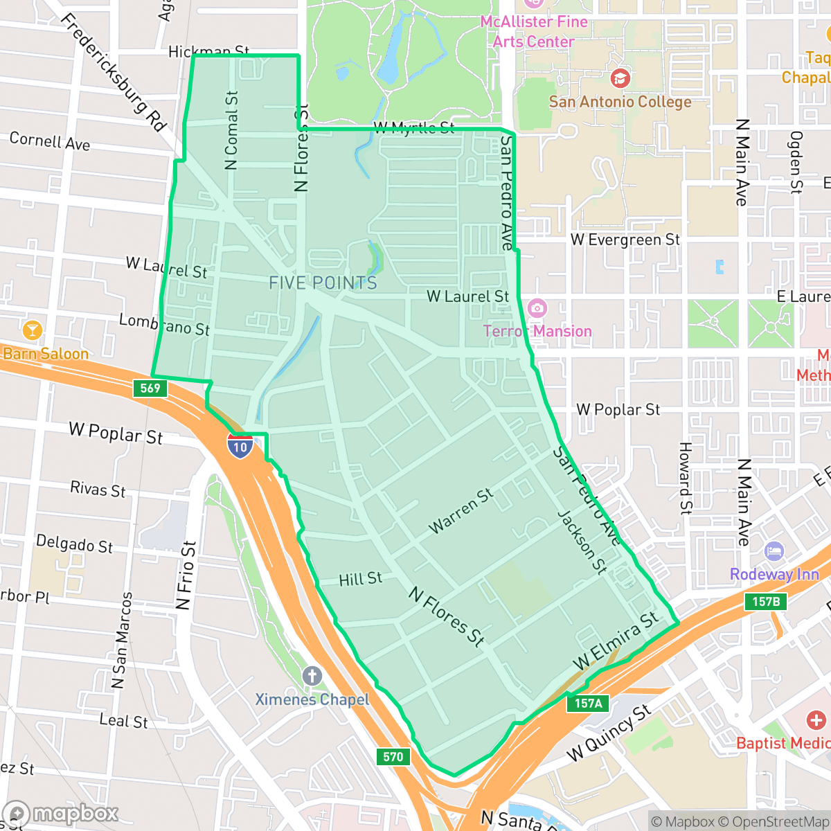 Map showing the location of Five Points, San Antonio, TX