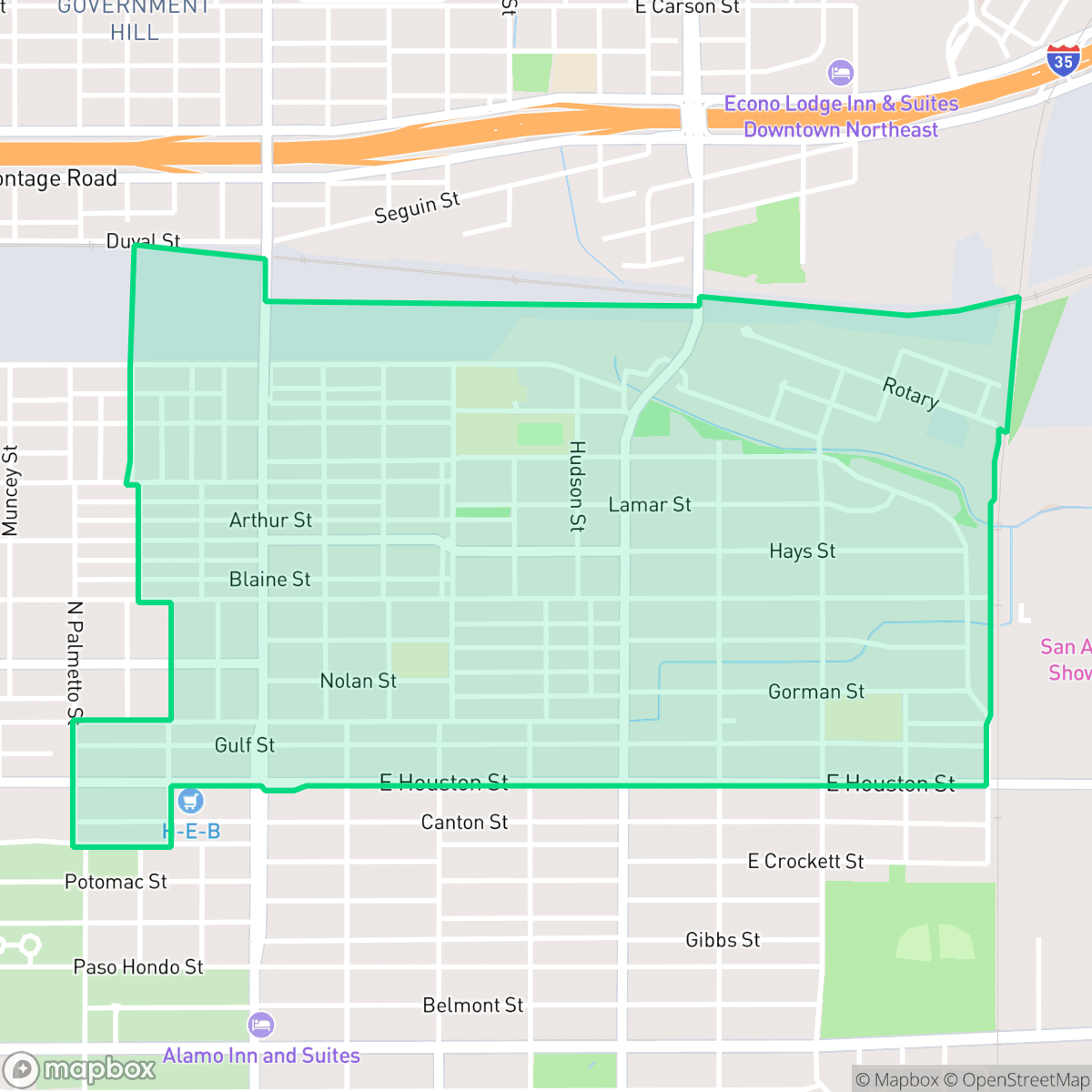 Map showing the location of Harvard Place - Eastlawn, San Antonio, TX