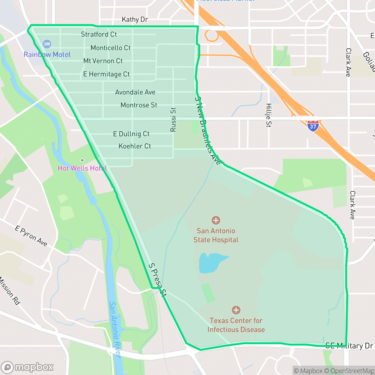 Map showing the location of Hot Wells, San Antonio, TX