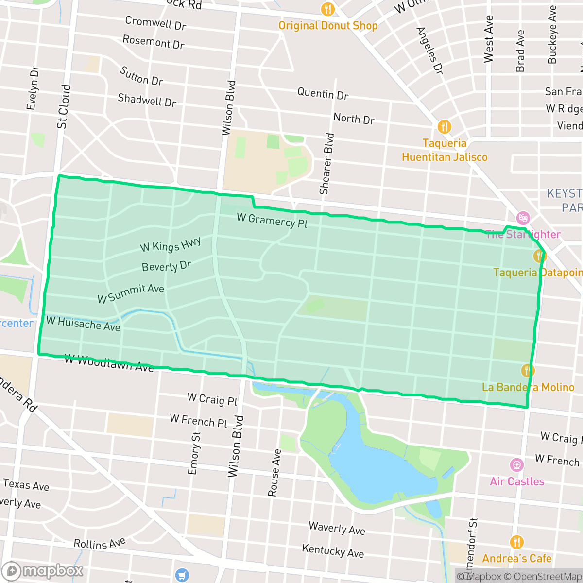 Map showing the location of Jefferson-Woodlawn Lake, San Antonio, TX