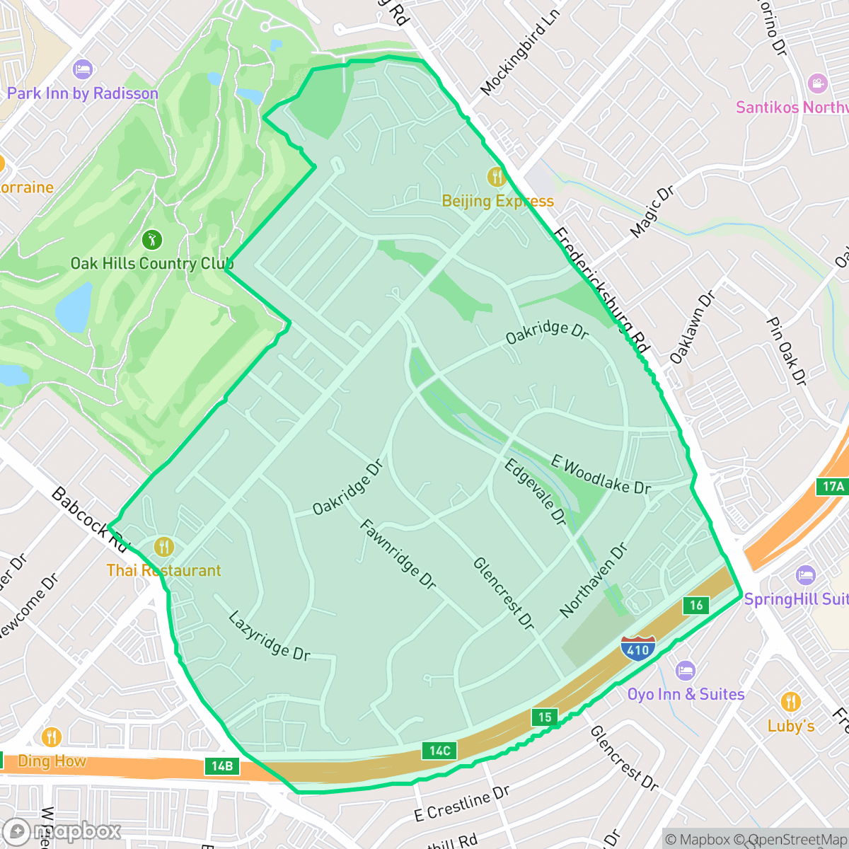Map showing the location of Oak Hills, San Antonio, TX