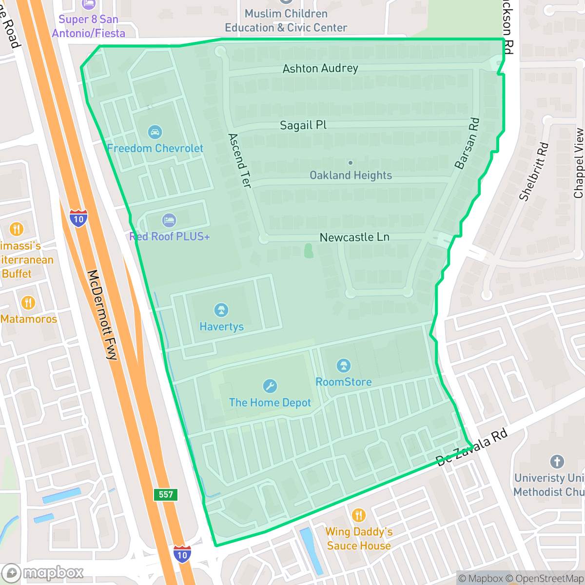 Map showing the location of Oakland Heights, San Antonio, TX
