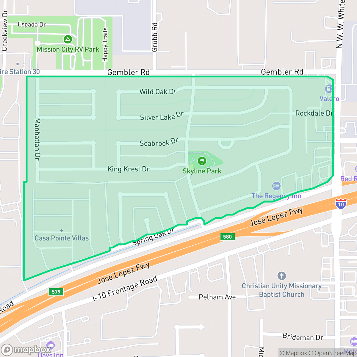 Map showing the location of Skyline Park, San Antonio, TX