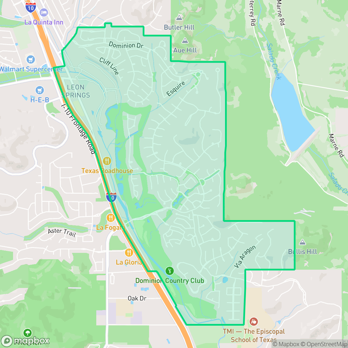 Map showing the location of The Dominion, San Antonio, TX