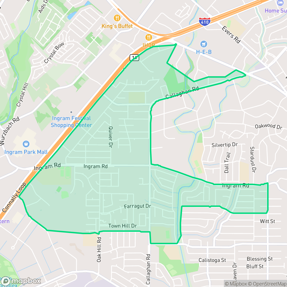 Map showing the location of Thunderbird Hills, San Antonio, TX