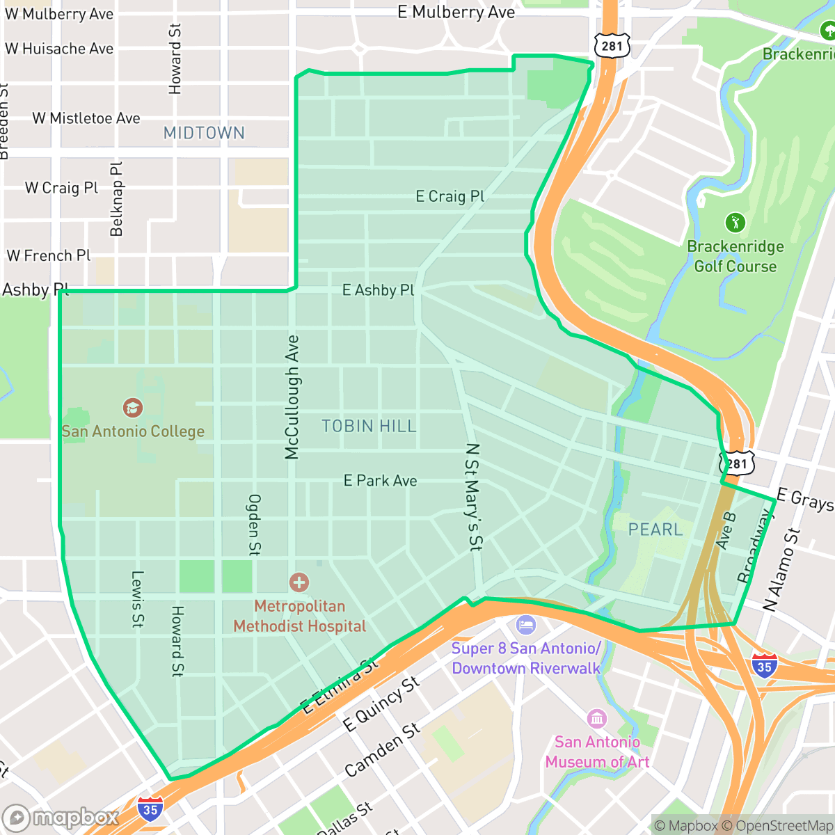 Map showing the location of Tobin Hill, San Antonio, TX