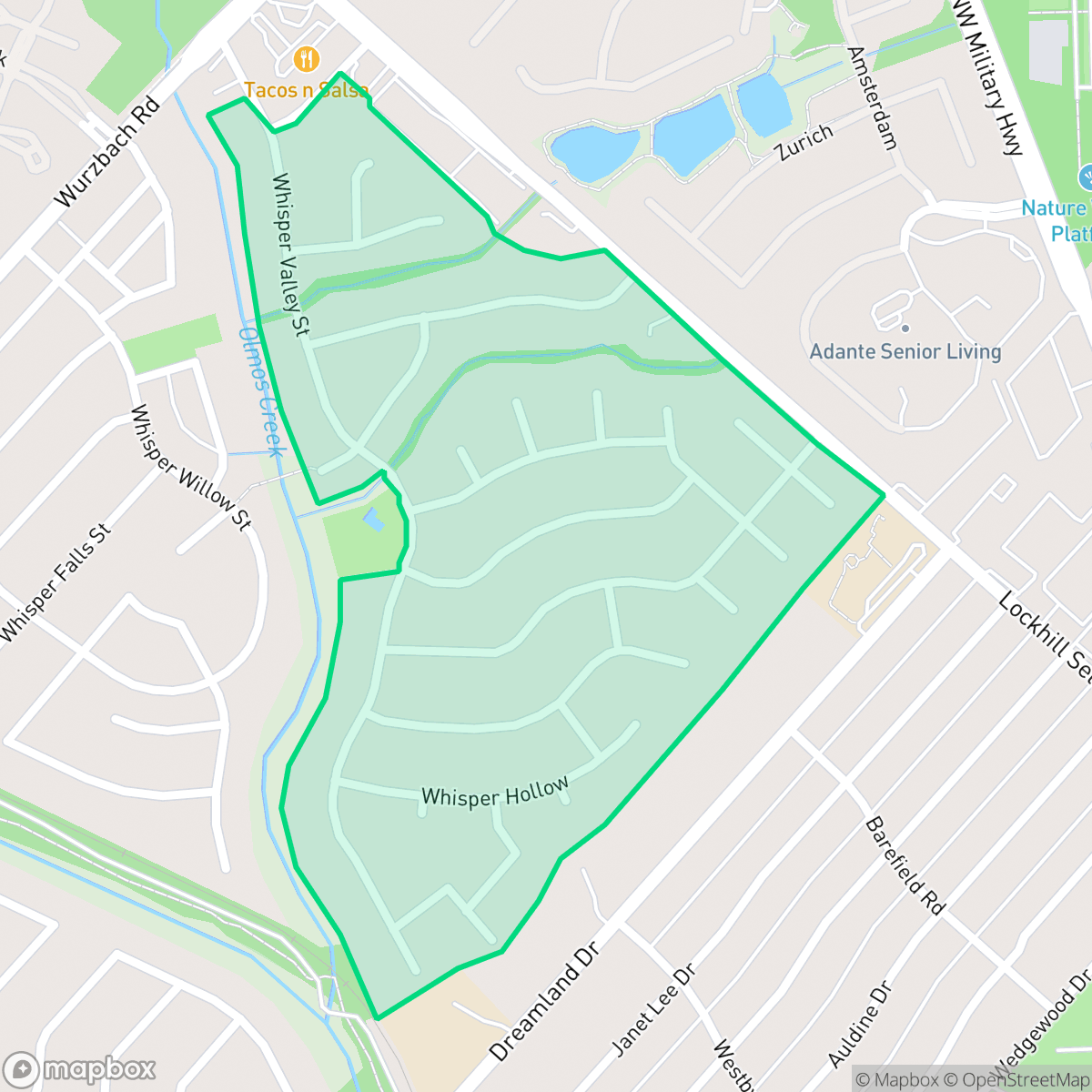 Map showing the location of Whispering Oaks, San Antonio, TX