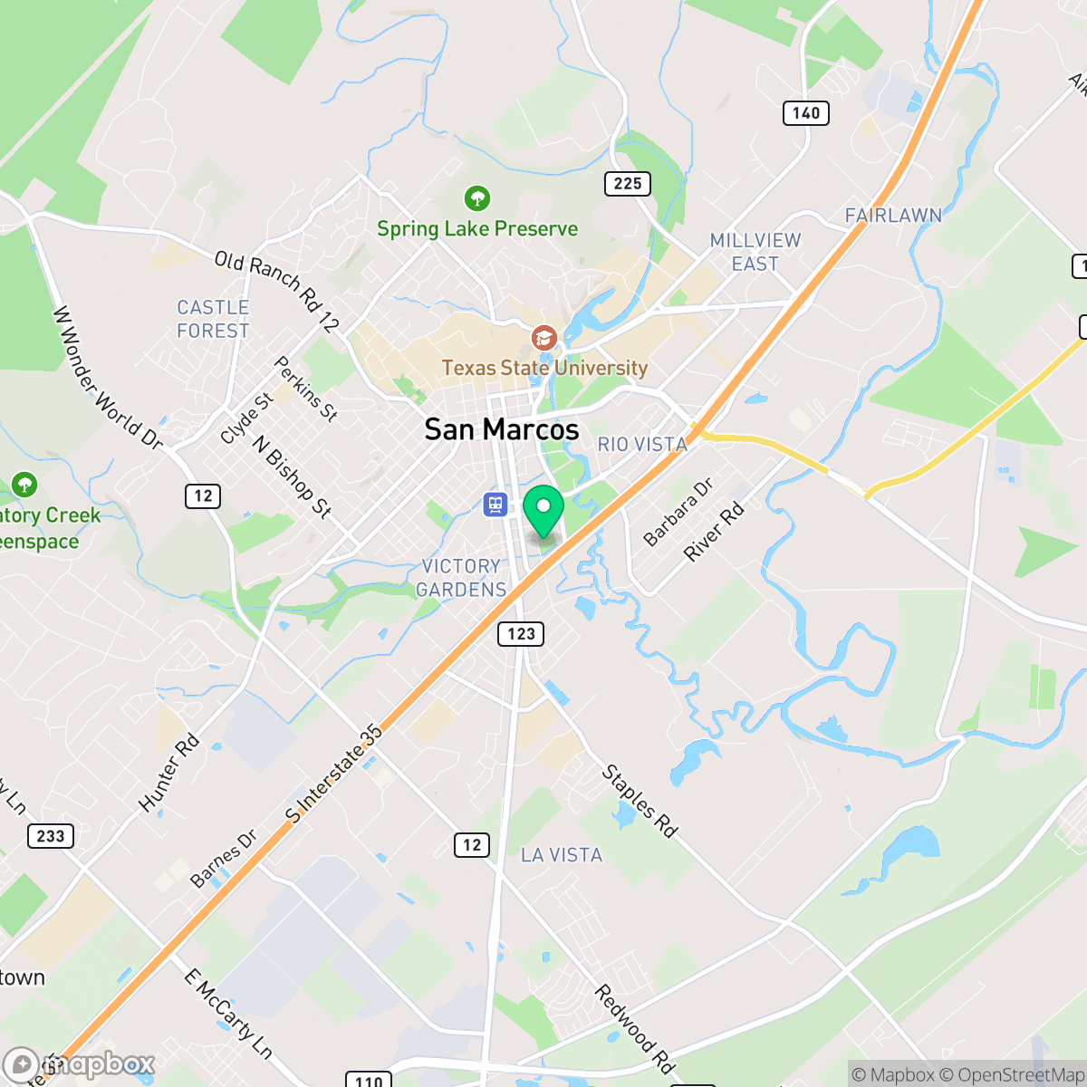 Map showing the location of San Marcos, TX — coverage area