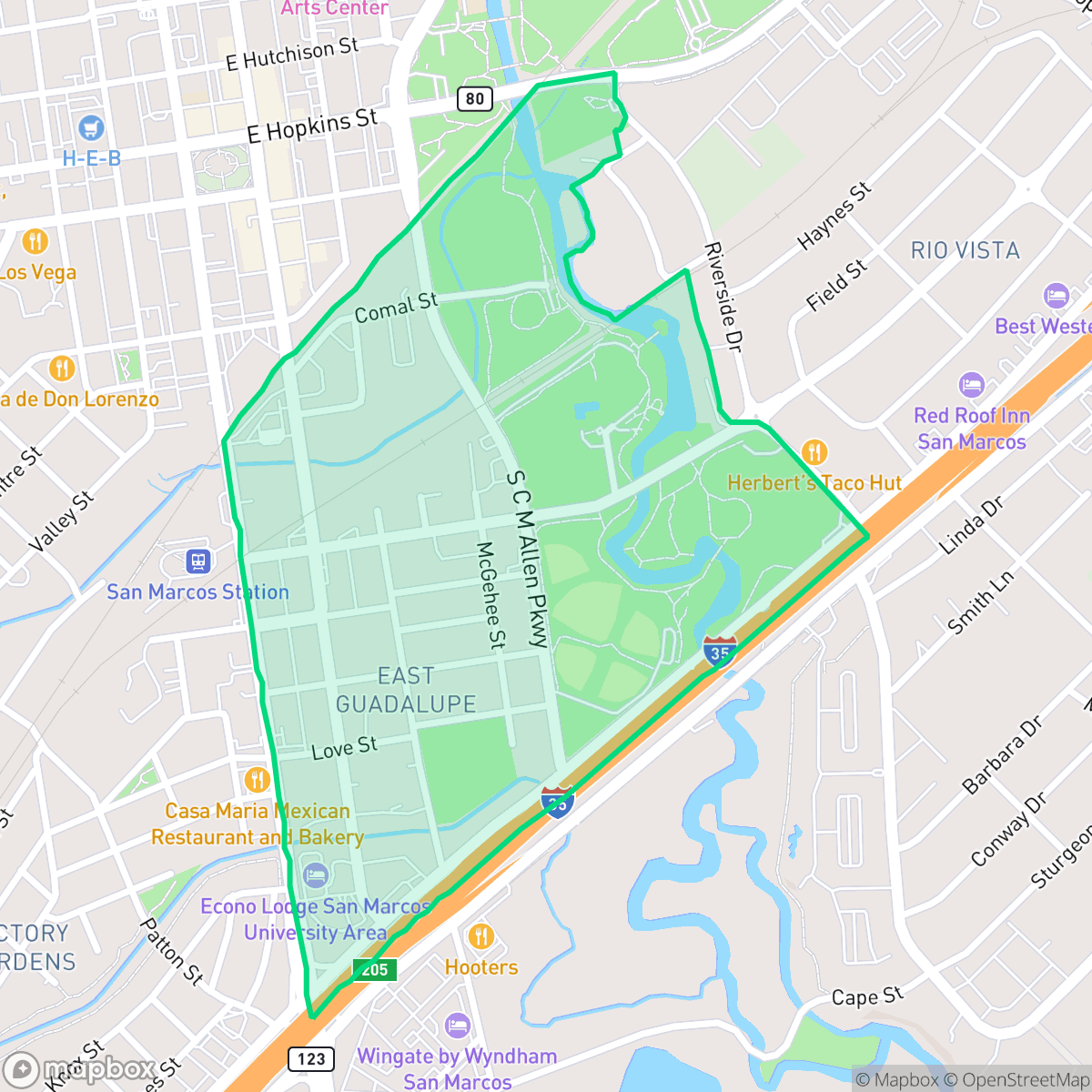 Map showing the location of East Guadalupe, San Marcos, TX