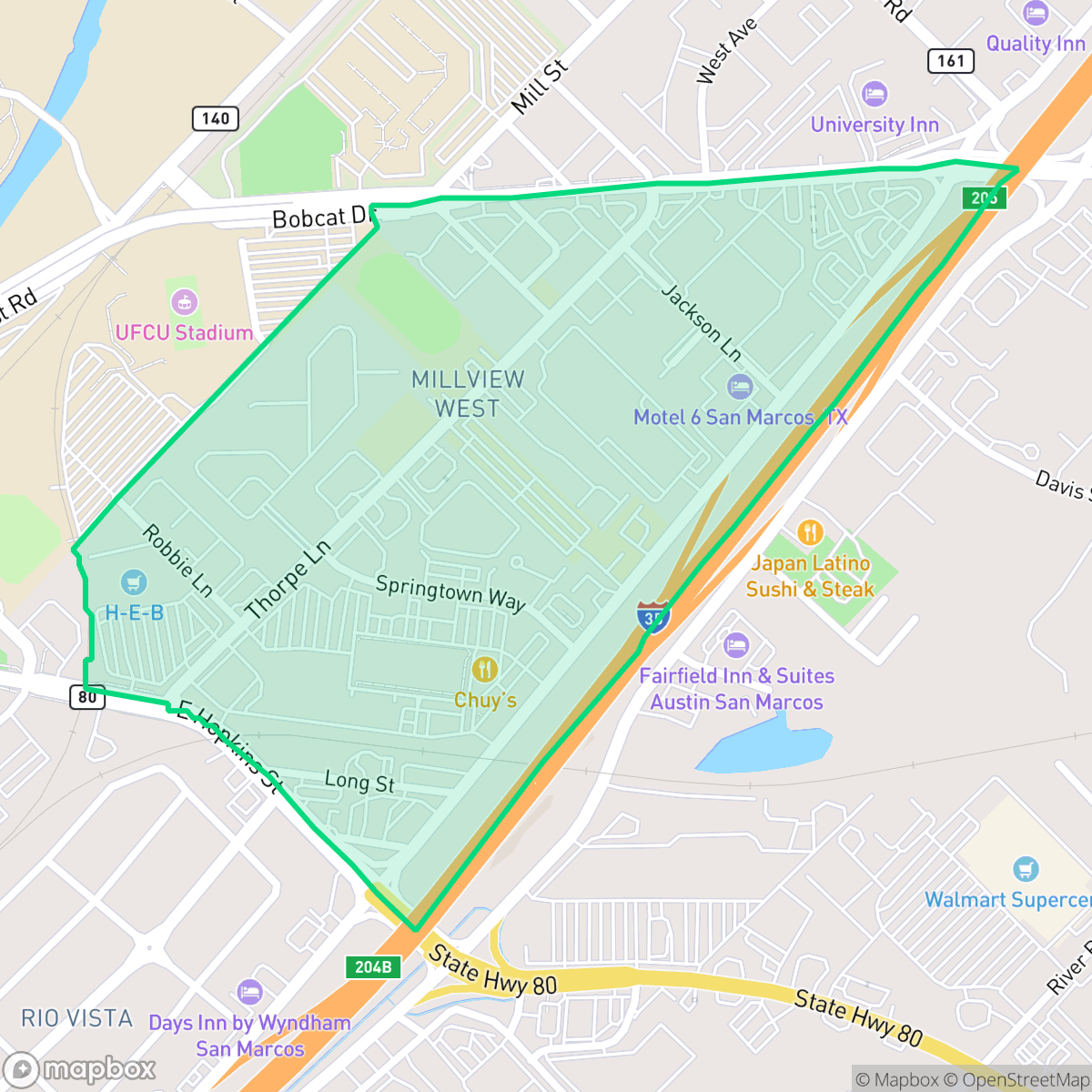 Map showing the location of Millview West, San Marcos, TX