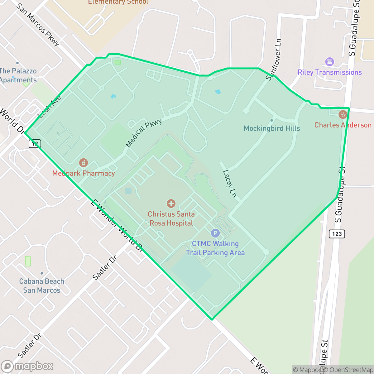 Map showing the location of Mockingbird Hills, San Marcos, TX