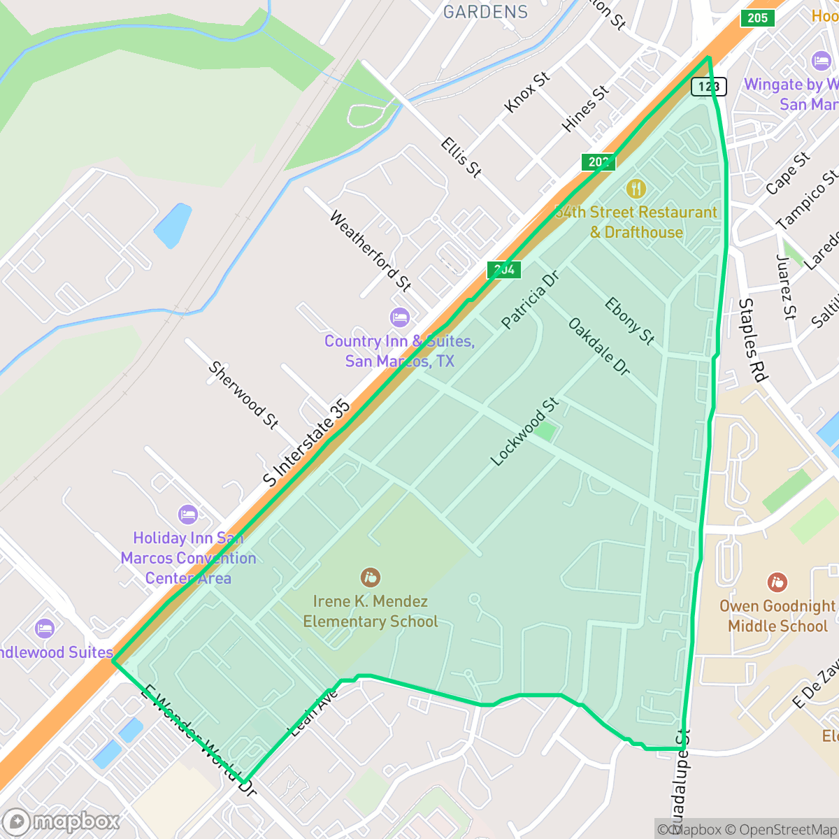 Map showing the location of Sunset Acres, San Marcos, TX