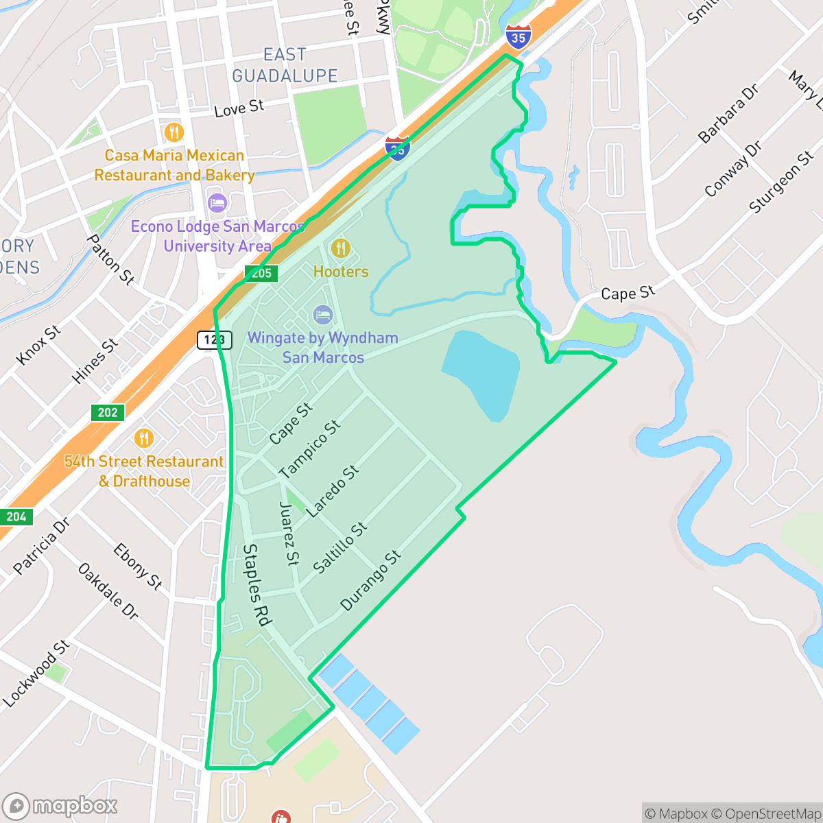 Map showing the location of Wallace Addition, San Marcos, TX