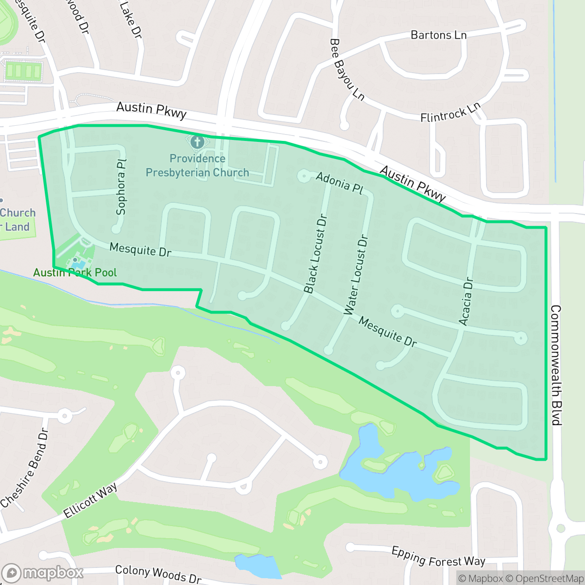 Map showing the location of Austin Park, Sugar Land, TX
