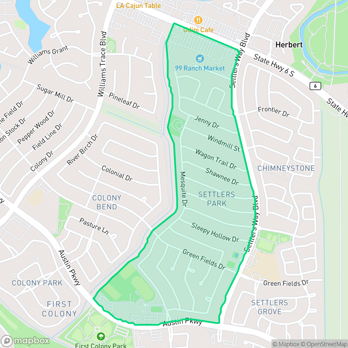 Map showing the location of Settlers Park, Sugar Land, TX