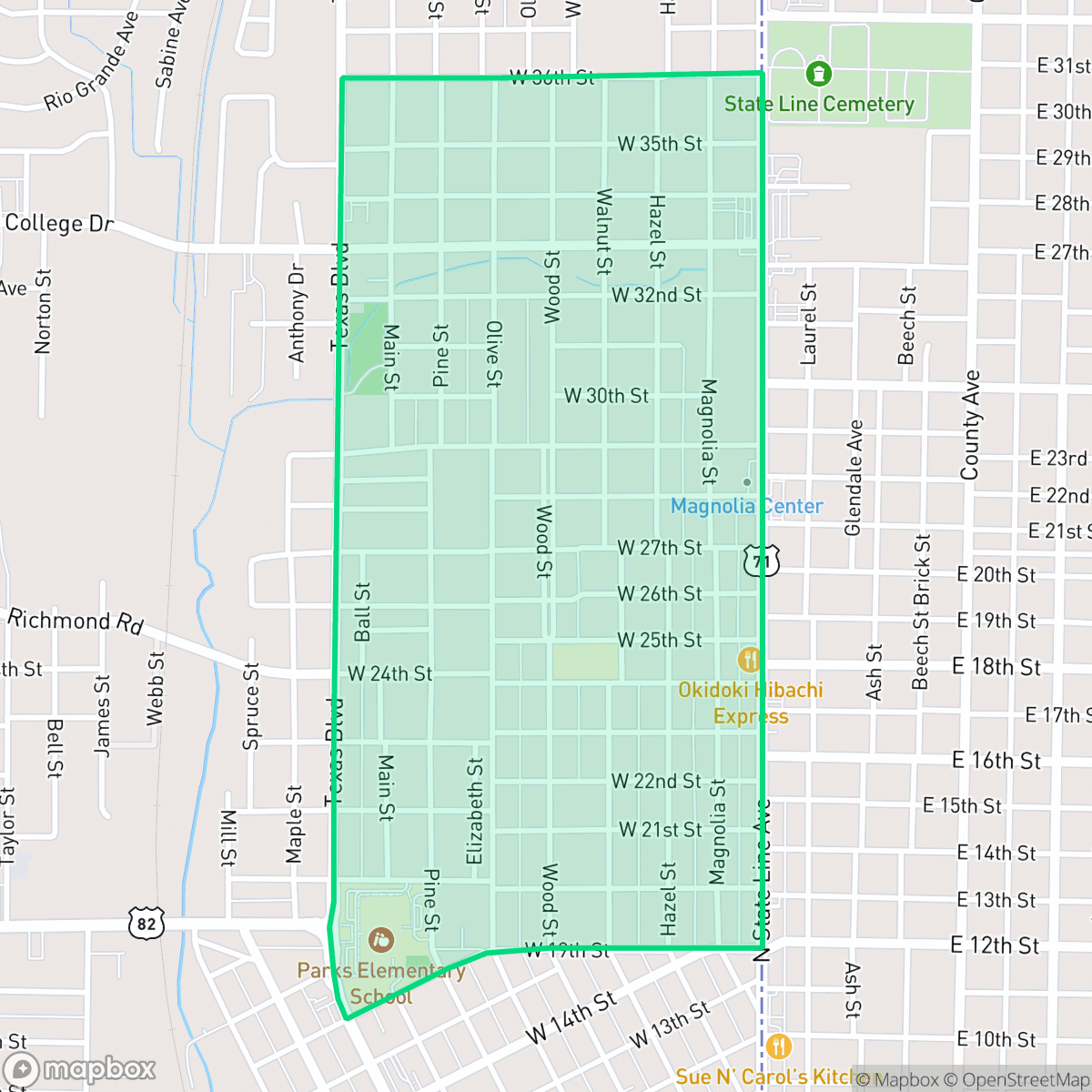 Map showing the location of Highland Park, Texarkana, TX