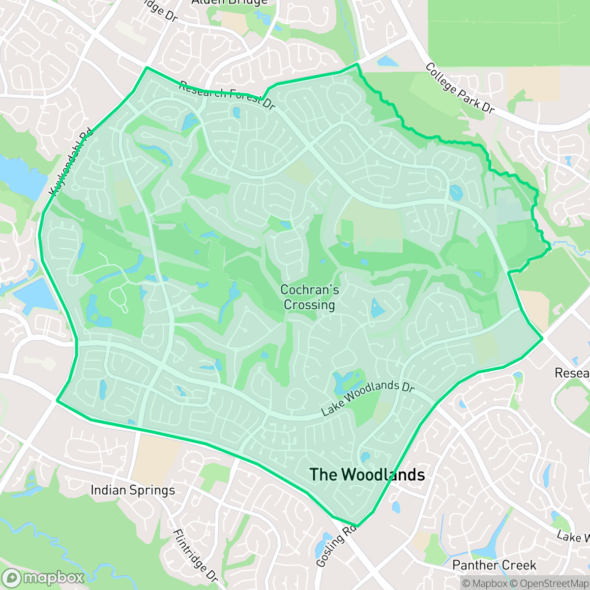 Map showing the location of Cochran's Crossing, The Woodlands, TX