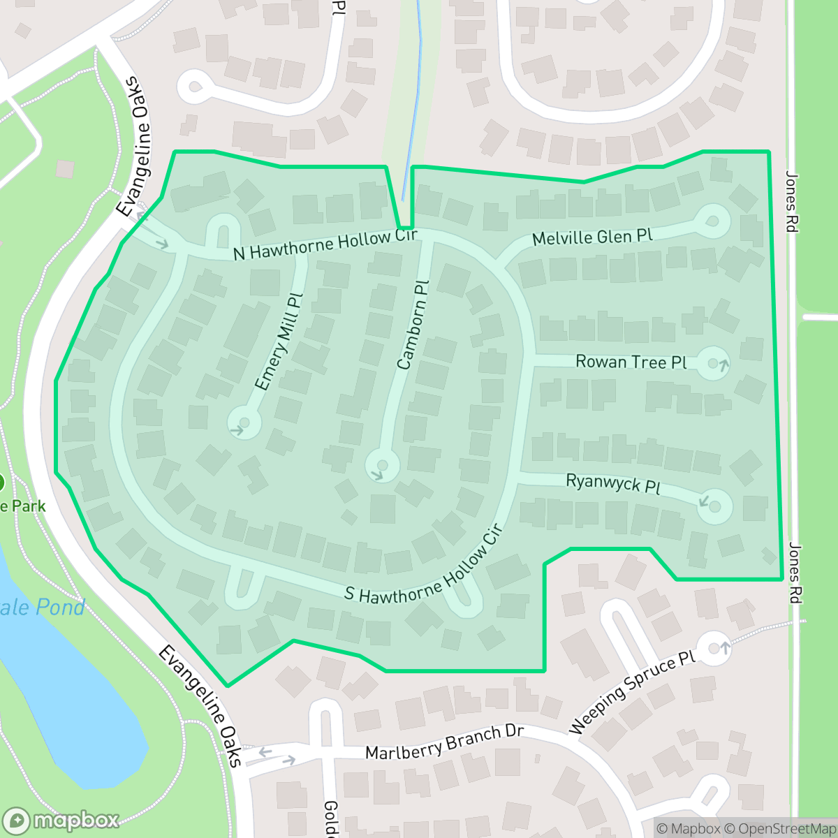 Map showing the location of Hawthorne Hollow, The Woodlands, TX
