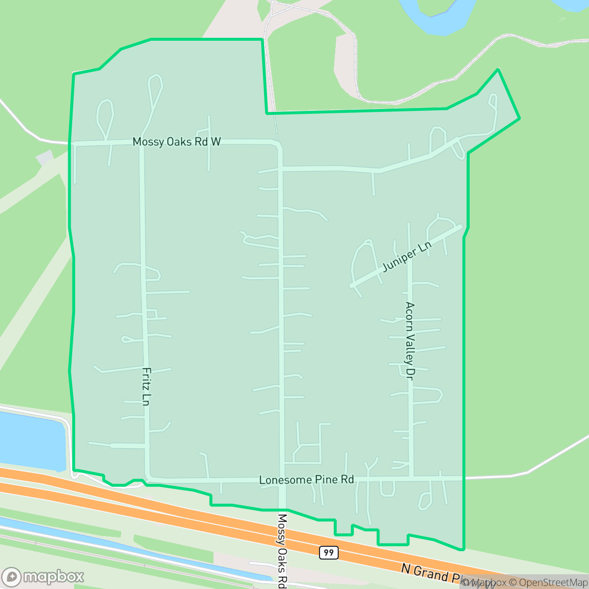 Map showing the location of Mossy Oaks, The Woodlands, TX