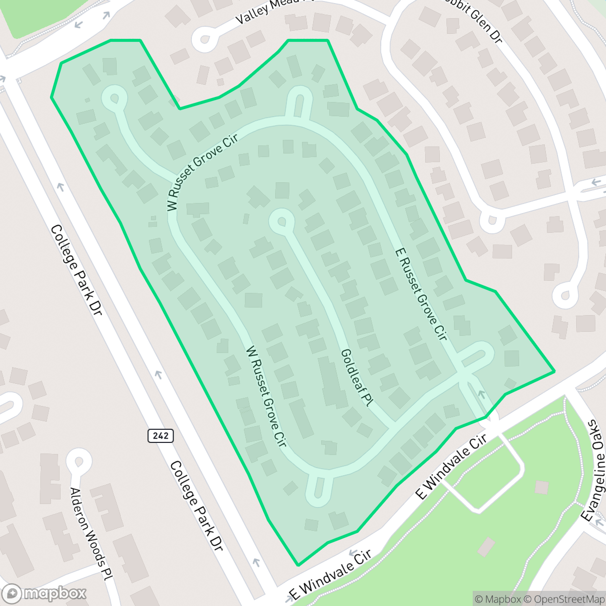 Map showing the location of Russet Grove, The Woodlands, TX