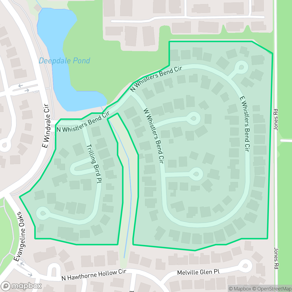 Map showing the location of Whistler's Bend, The Woodlands, TX
