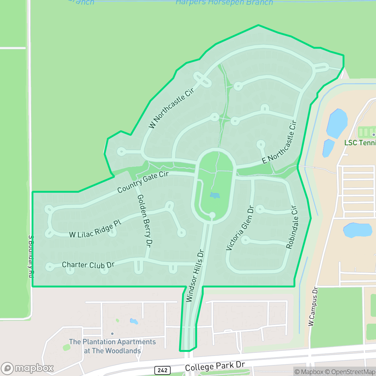 Map showing the location of Windsor Hills, The Woodlands, TX