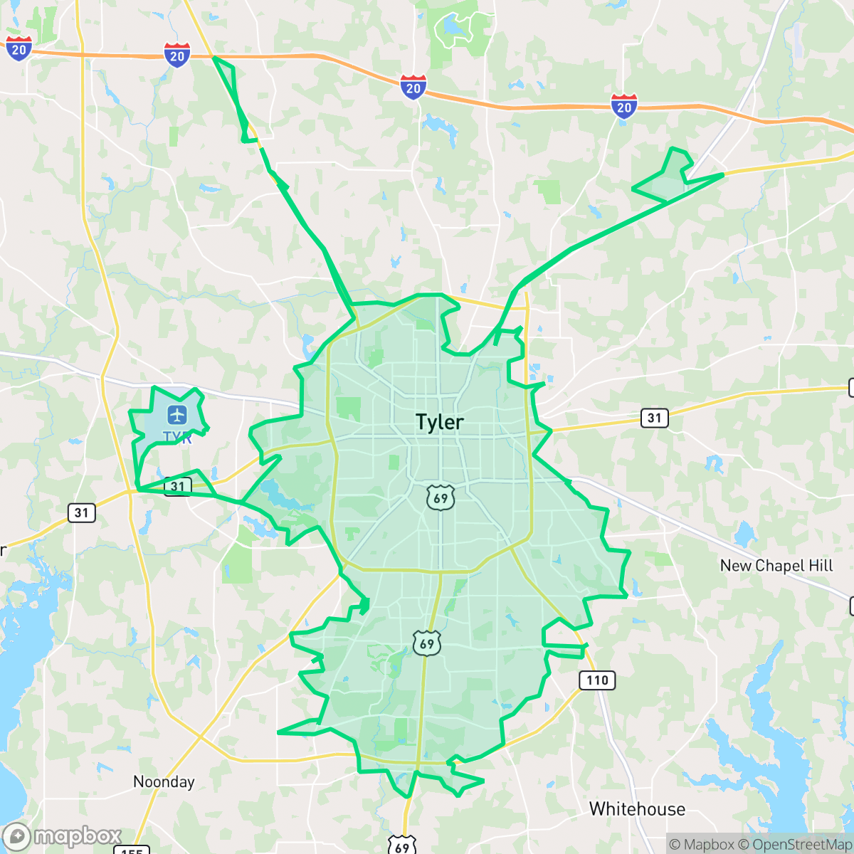 Map showing the location of Tyler, TX — coverage area