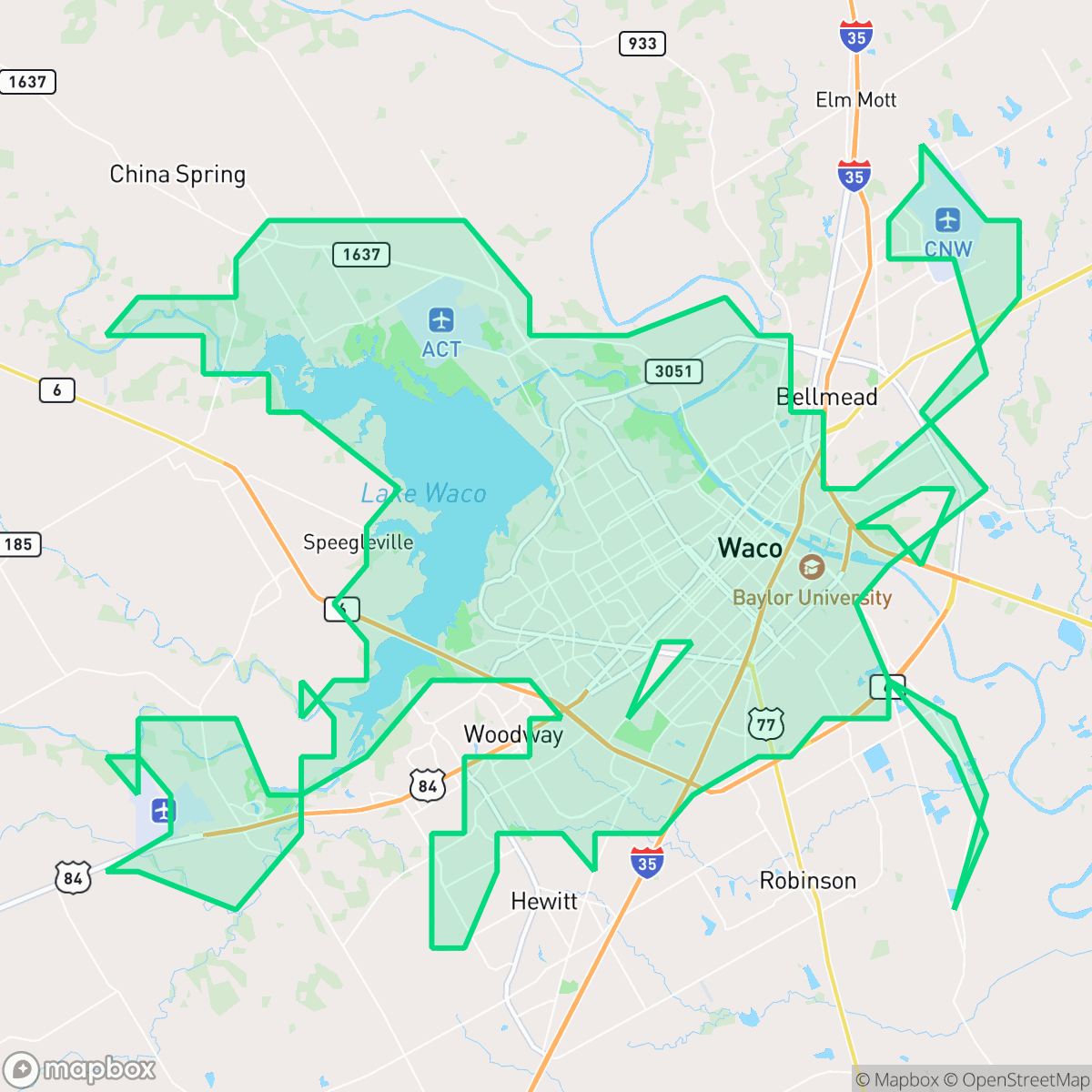 Map showing the location of Waco, TX — coverage area