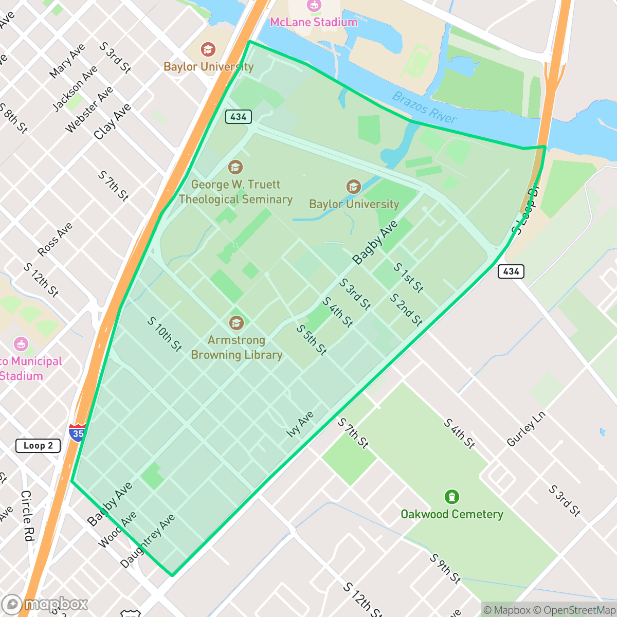 Map showing the location of Baylor, Waco, TX