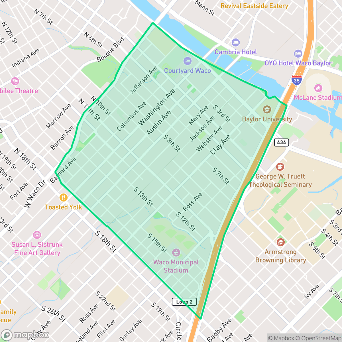 Map showing the location of Downtown, Waco, TX