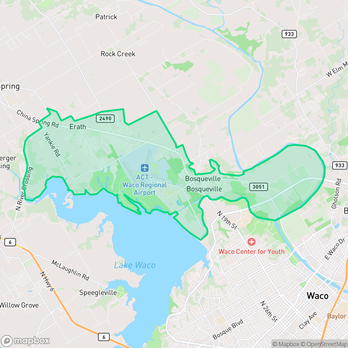 Map showing the location of North Lake Waco, Waco, TX