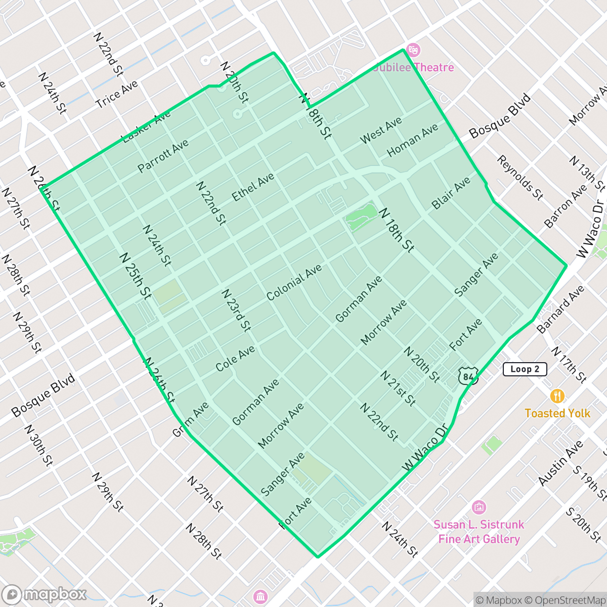 Map showing the location of Sanger Heights, Waco, TX