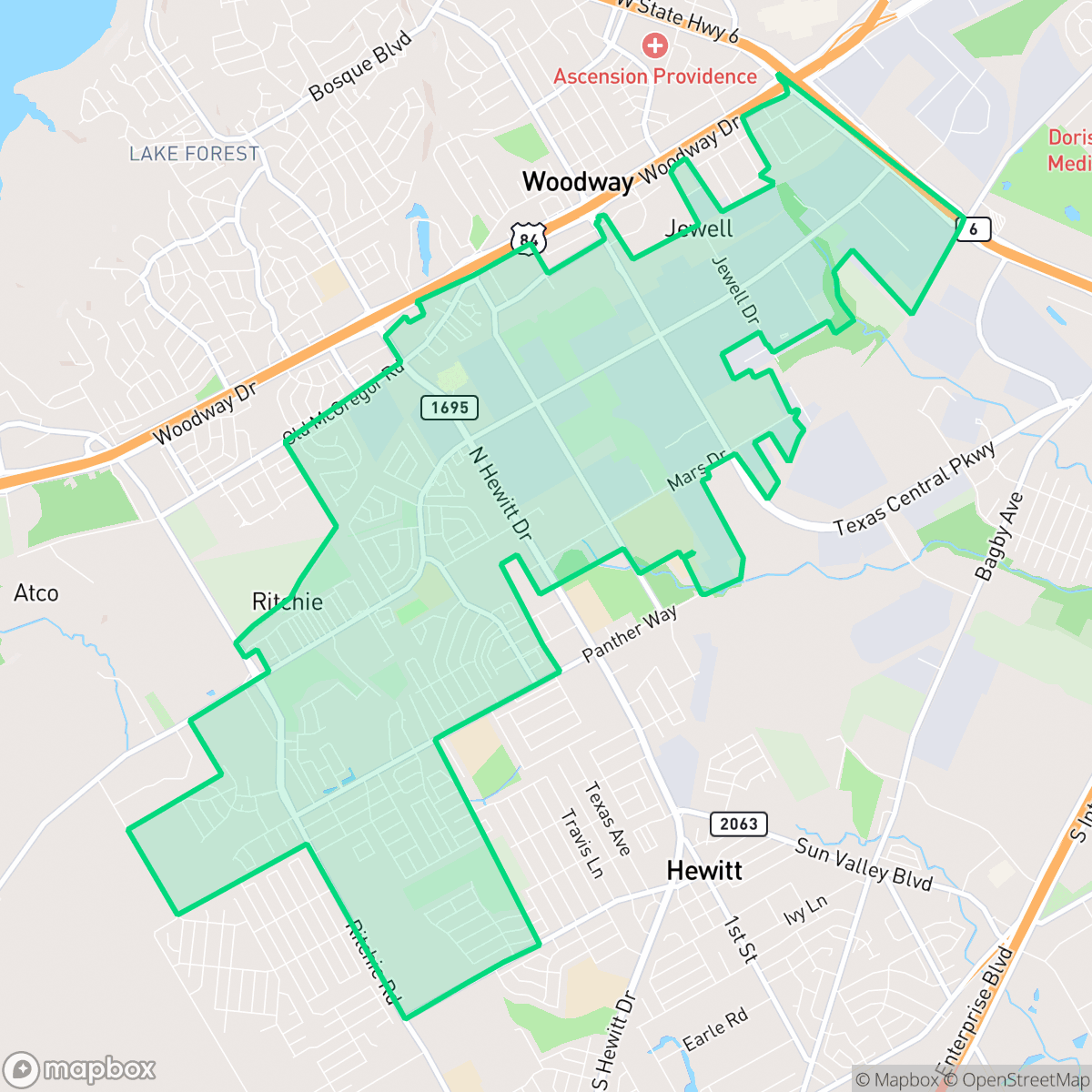Map showing the location of West Waco, Waco, TX