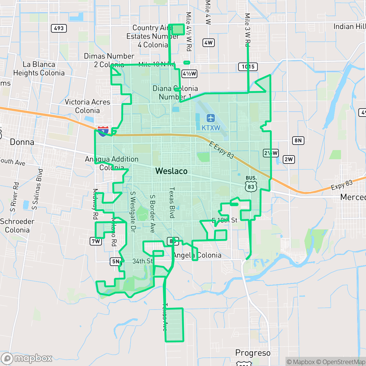 Map showing the location of Weslaco, TX — coverage area