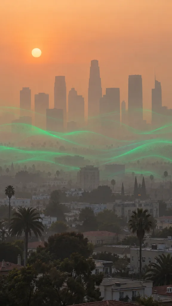 A hazy city skyline with green contour lines marking the visible air layer.