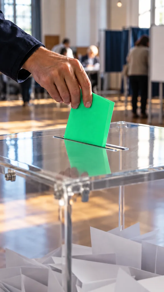 A hand placing a green ballot into a transparent ballot box at a polling place.