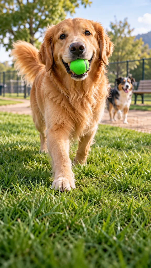 A golden retriever holding a green ball in a neighborhood dog park.